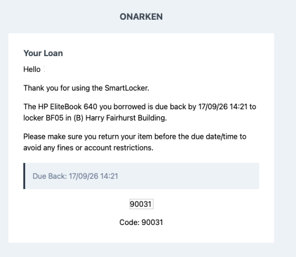 Example email of a laptop borrowing confirmation